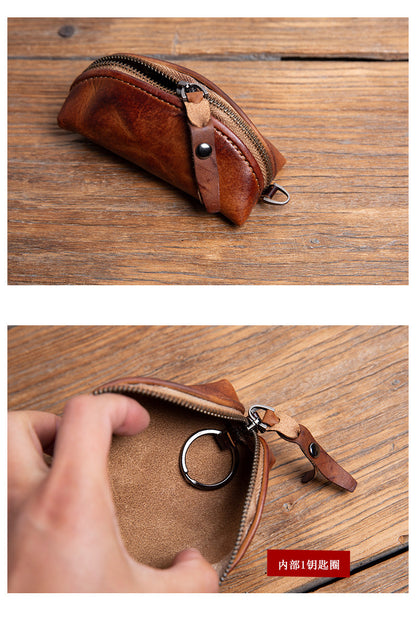 Handmade Top-Grain Cowhide Key Case – Vintage Mini Leather Coin Purse