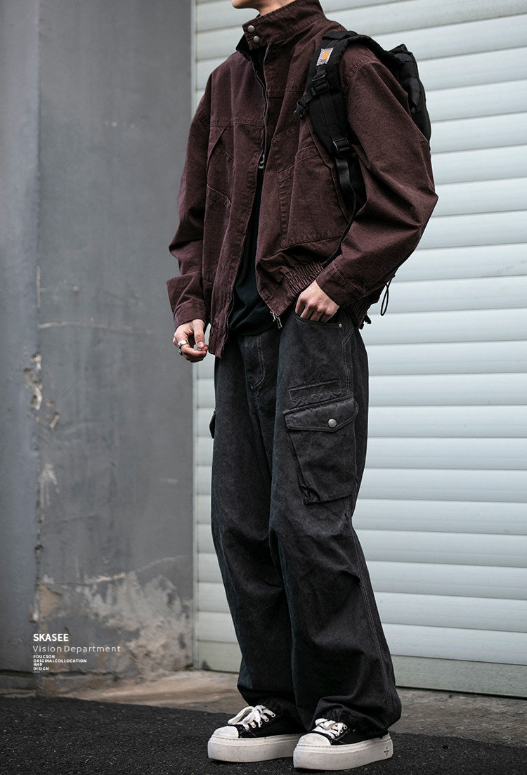 Japanese Retro Deconstructed Stand Collar Hunting Cargo Jacket – Loose Drop Shoulder for Men | Japanese vintage | yamalin clothes | Yamalinclothes