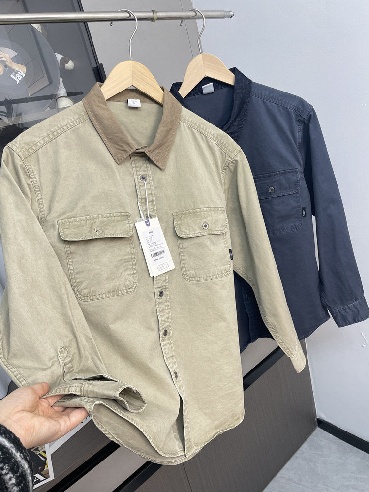Contrast Stitch Lapel Cotton Shirt – American Retro Workwear Pocket Unisex – Coats Jackets | japanese streetwear | vintage workwear | unisex | Yamalinclothes