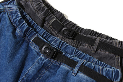 Japanese Washed Distressed Cropped Jeans – Elastic Waist Relaxed Fit Streetwear
