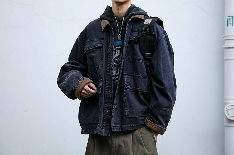 Cotton Cargo Jacket – Corduroy Collar & Four Pockets | Yamalin clothes | Vintage workwear outfit for men