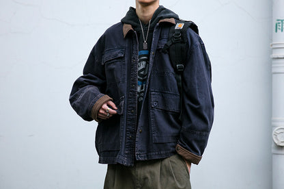 Cotton Cargo Jacket – Corduroy Collar & Four Pockets | Yamalin clothes | Vintage workwear outfit for men