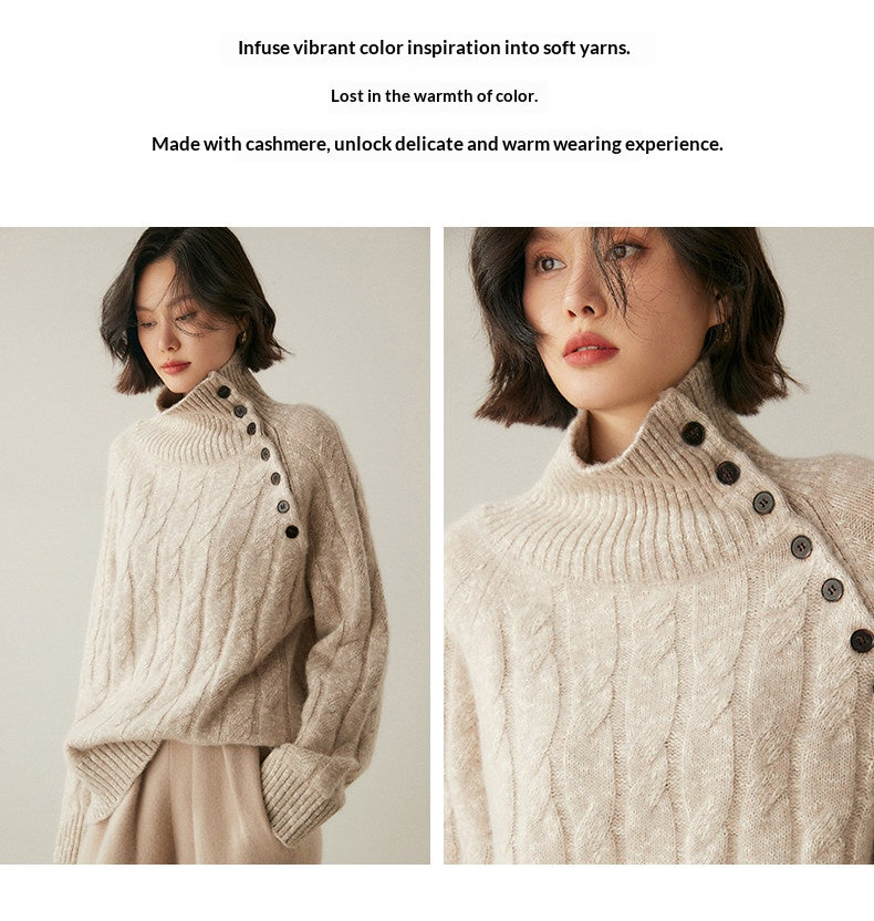 Heavy-duty lazy cashmere sweater, diagonal buttoned floral tulle, thickened twisted high-neck sweater, Korean autumn/winter new women's knitwear | Yamalinclothes