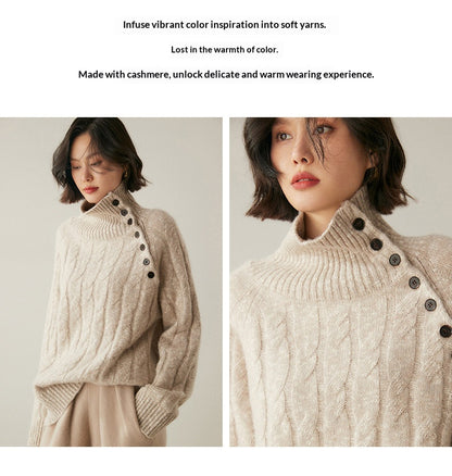 Heavy-duty lazy cashmere sweater, diagonal buttoned floral tulle, thickened twisted high-neck sweater, Korean autumn/winter new women's knitwear | Yamalinclothes