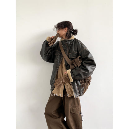 Lamb Fur Leather Jacket – Japanese Vintage Oversized Unisex