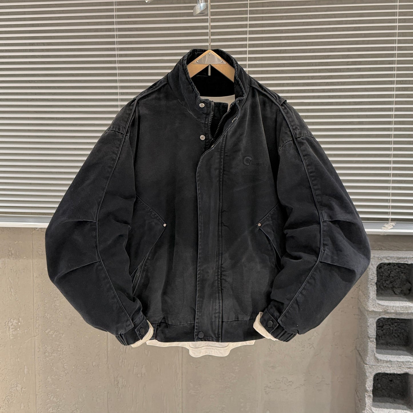 American Vintage Washed Distressed Denim Stand-Collar Jacket – Oversized Unisex