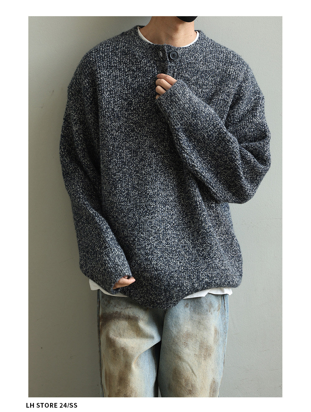 Retro Henley Knit Sweater – Lazy Style Crew Neck Men – Japanese vintage | yamalin clothes | Yamalinclothes