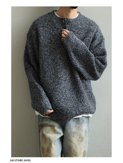 Retro Henley Knit Sweater – Lazy Style Crew Neck Men – Japanese vintage | yamalin clothes | Yamalinclothes