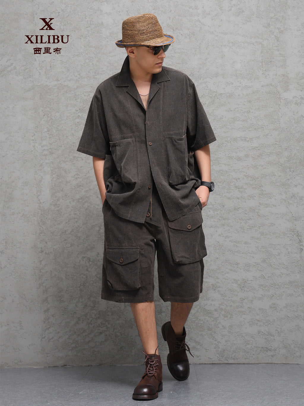 Wild Silk Cuban Collar Half Sleeve Shirt Men's Dye Yam Dyed Tussah Silk Aloha Retro Short Sleeve Shirt Summer