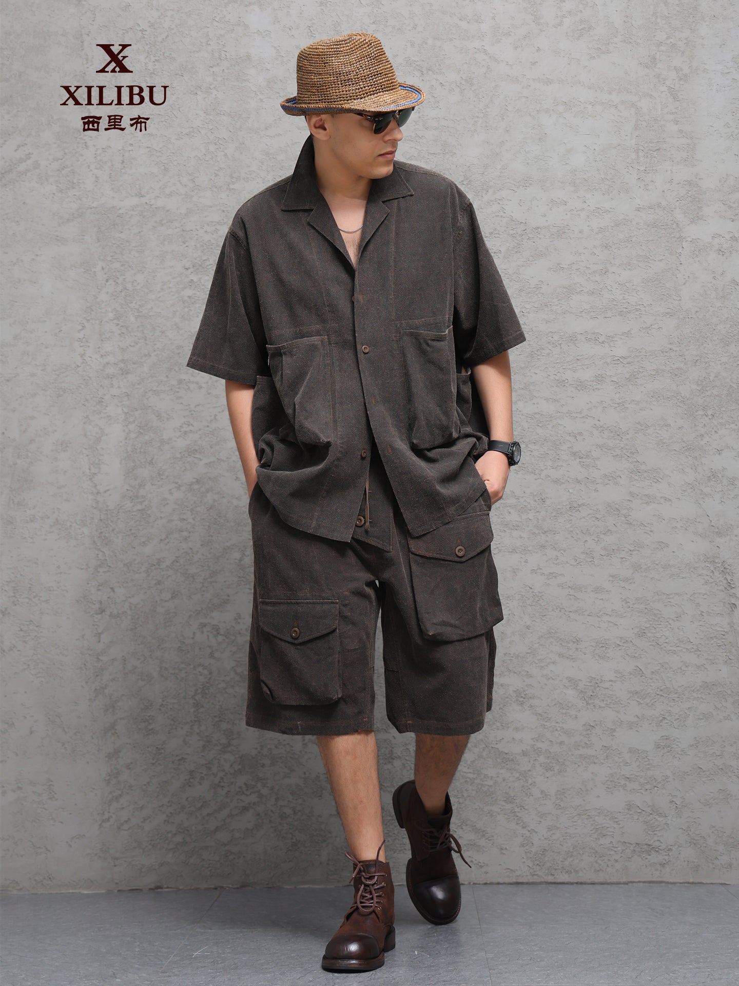 Wild Silk Cuban Collar Half Sleeve Shirt Men's Dye Yam Dyed Tussah Silk Aloha Retro Short Sleeve Shirt Summer