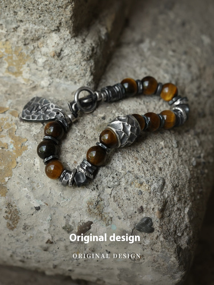 Yinshu Original Handmade &lt;Hammered&gt; Bracelet for Men Niche 999 Pure Silver Tiger Eye Stone Men's Vintage Bracelet