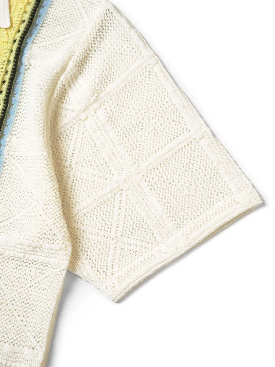 Japanese Style Hollow Knit Cuban Collar Retro Ethnic Style Short Sleeve Polo Shirt