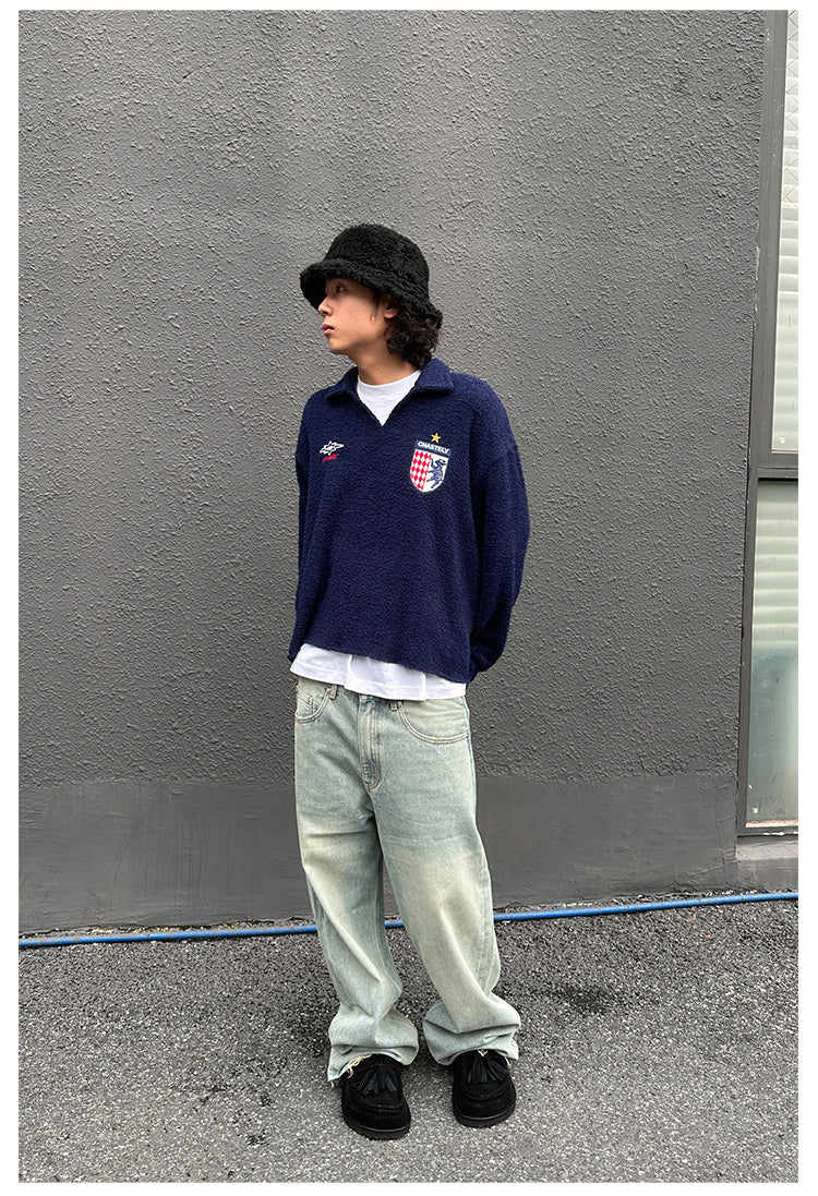 Remedy Inge Sheep” Embroidered Unisex Sweater – American Turn-Down Collar Spring/Autumn Knit