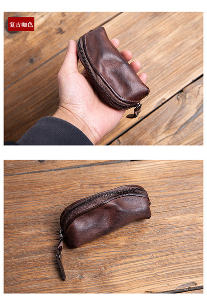 Handmade Top-Grain Cowhide Key Case – Vintage Mini Leather Coin Purse