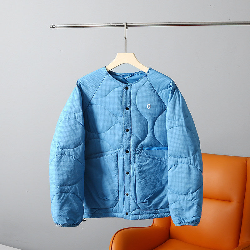 Collarless Down Jacket – Wave Quilting & Snap Front
