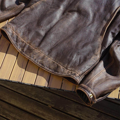 Stone-Washed Distressed Cowhide Leather Jacket – Men's American Retro Cargo Coat