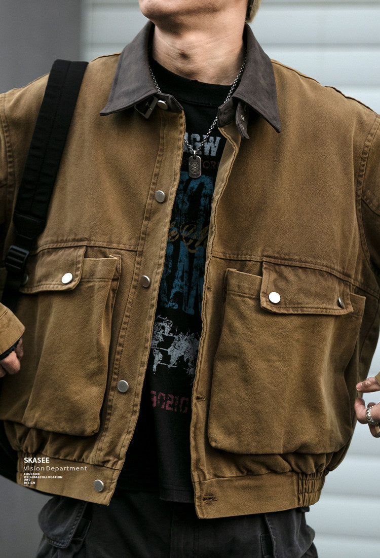 Washed Patchwork Lapel Cargo Jacket – American Retro Oversized Unisex