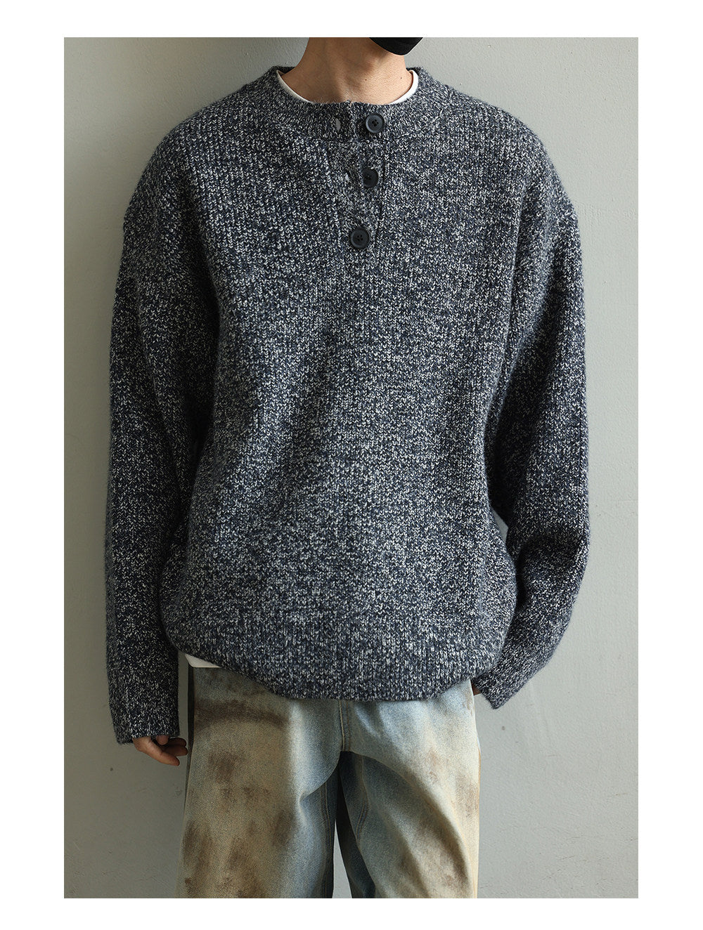 Retro Henley Knit Sweater – Lazy Style Crew Neck Men – Japanese vintage | yamalin clothes | Yamalinclothes