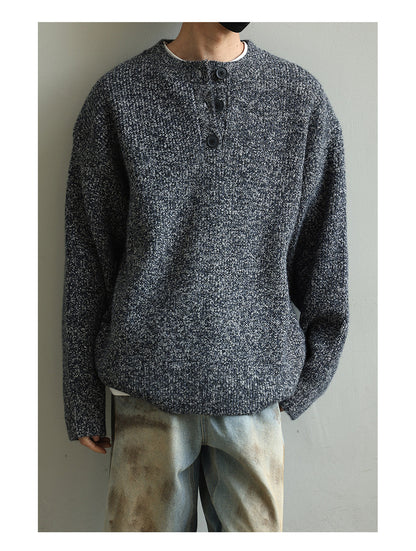 Retro Henley Knit Sweater – Lazy Style Crew Neck Men – Japanese vintage | yamalin clothes | Yamalinclothes