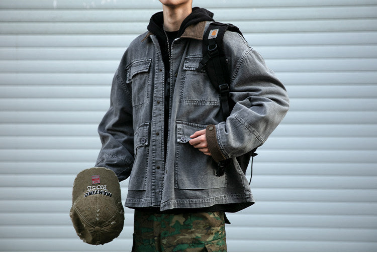 Cotton Cargo Jacket – Corduroy Collar & Four Pockets | Yamalin clothes | Vintage workwear outfit for men
