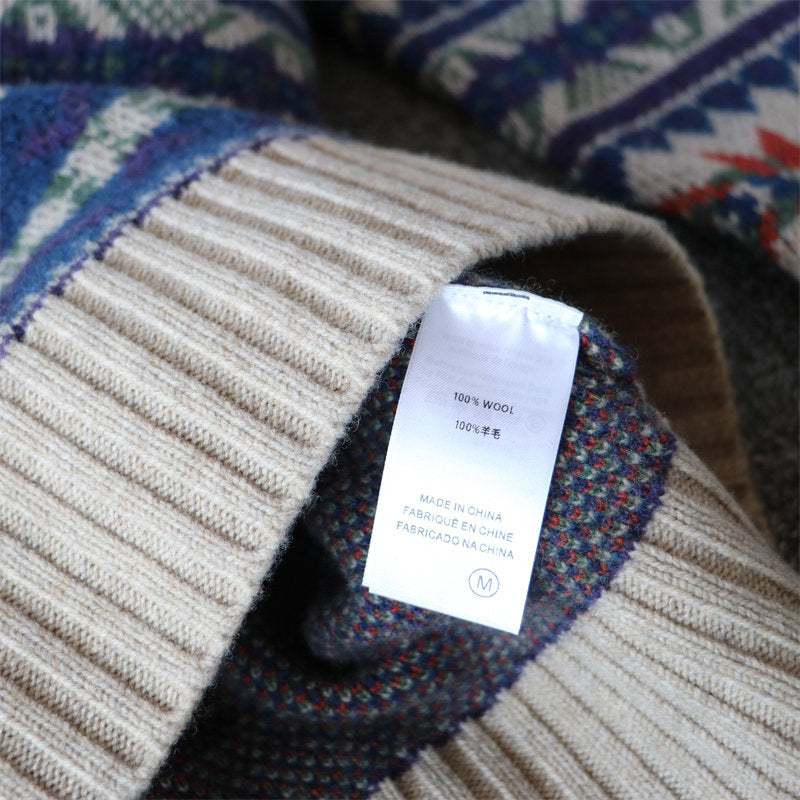100% Wool Half-Zip Jacquard Stripe Sweater – Men's Ethnic Knit Pullover Khaki