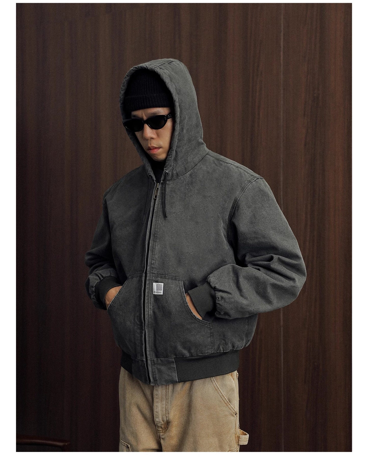 Vintage Wash Distressed Cargo Hoodie Jacket – Thermal Insulated Men's Coat