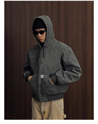 Vintage Wash Distressed Cargo Hoodie Jacket – Thermal Insulated Men's Coat