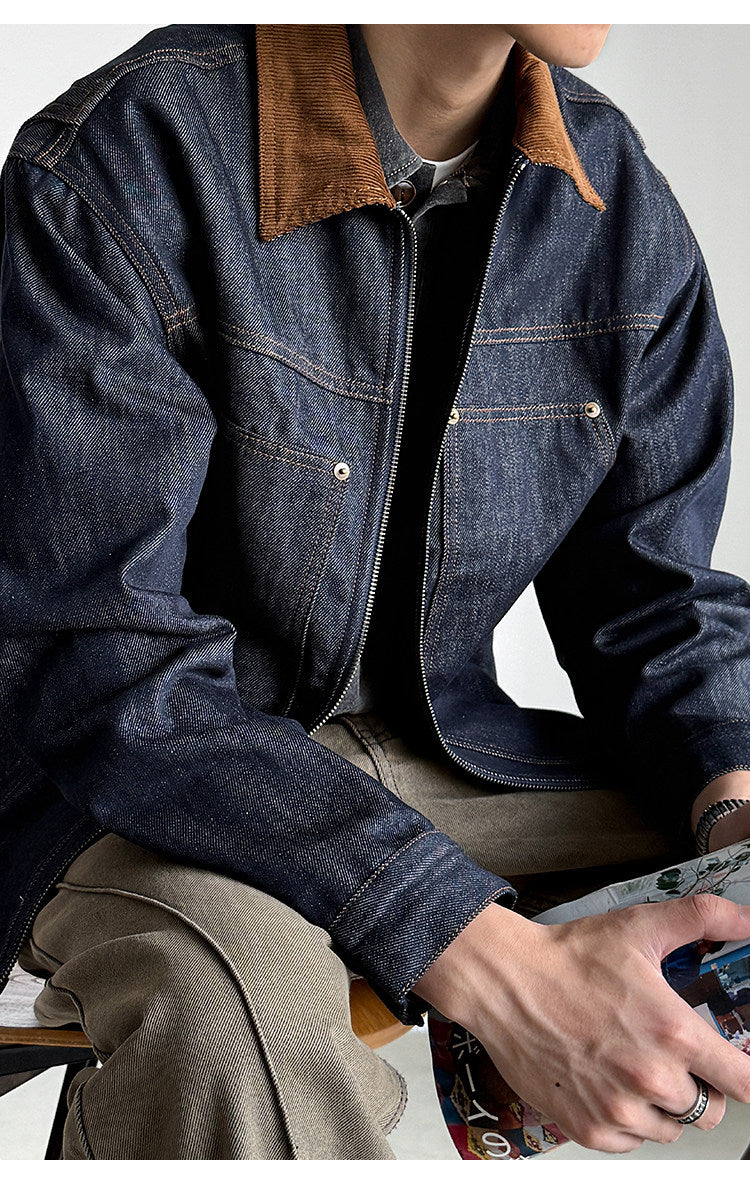 Denim Jacket – Corduroy Collar & Zip Front | Yamalinclothes