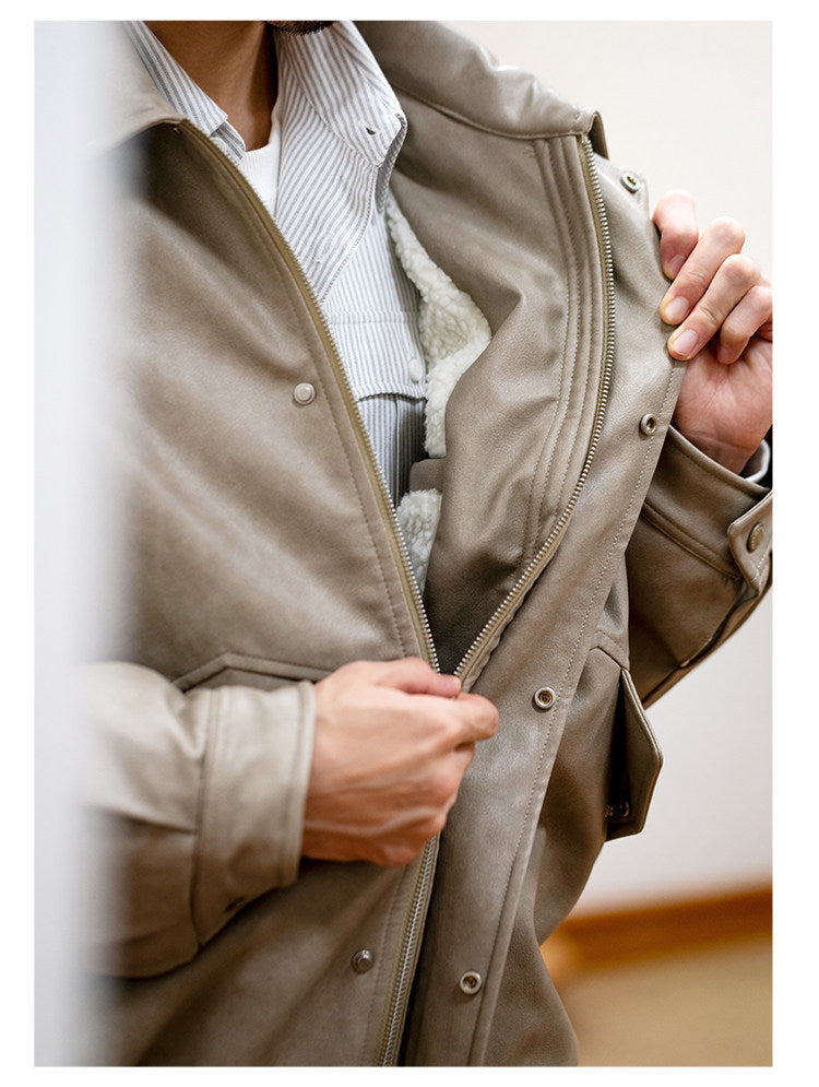 Japanese PU Leather Fleece-Lined Jacket – Men's Oversized Winter Coat – Japanese vintage | yamalin clothes | Yamalinclothes