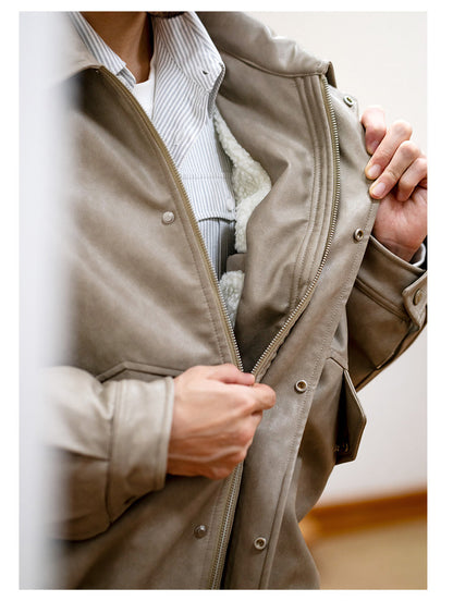 Japanese PU Leather Fleece-Lined Jacket – Men's Oversized Winter Coat – Japanese vintage | yamalin clothes | Yamalinclothes