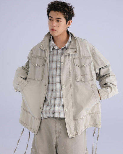 American Retro Stand Collar Cargo Jacket – Loose Unisex Autumn