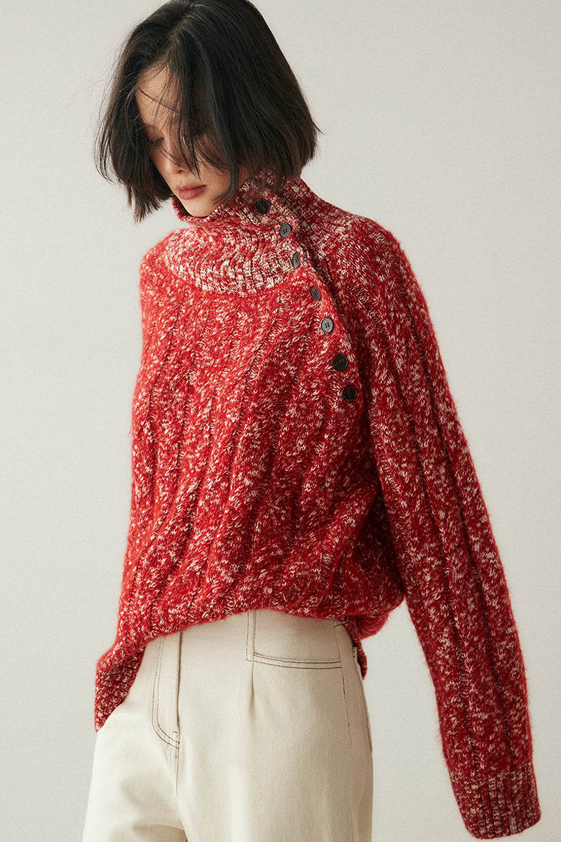 Heavy-duty lazy cashmere sweater, diagonal buttoned floral tulle, thickened twisted high-neck sweater, Korean autumn/winter new women's knitwear | Yamalinclothes