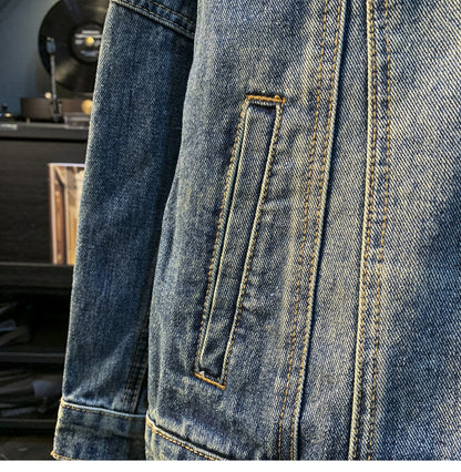 American Utility Stand-Collar Zipper Denim Jacket – Vintage Oversized Men’s Trucker Coat