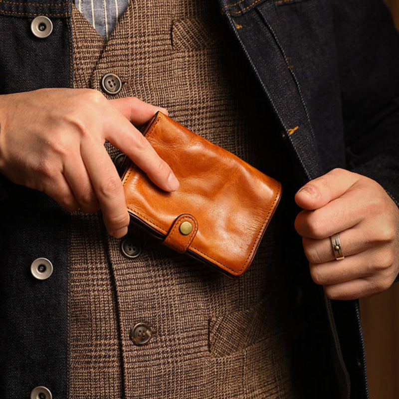 Vegetable Tanned Leather Bifold Wallet – Handmade Retro Card Holder – Japanese vintage | yamalin clothes | Yamalinclothes