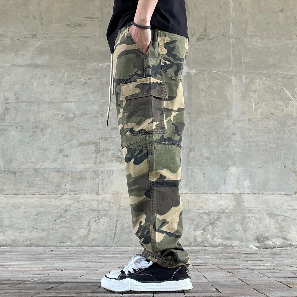 Men's American Street Retro Cargo Pants - Camouflage Heavy Washed Ripped Straight-Leg Pants