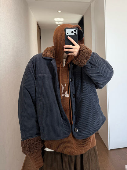 Dannyandzee Navy Blue Corduroy Plush Jacket - Coffee Cloud Warm Coat (Unisex)