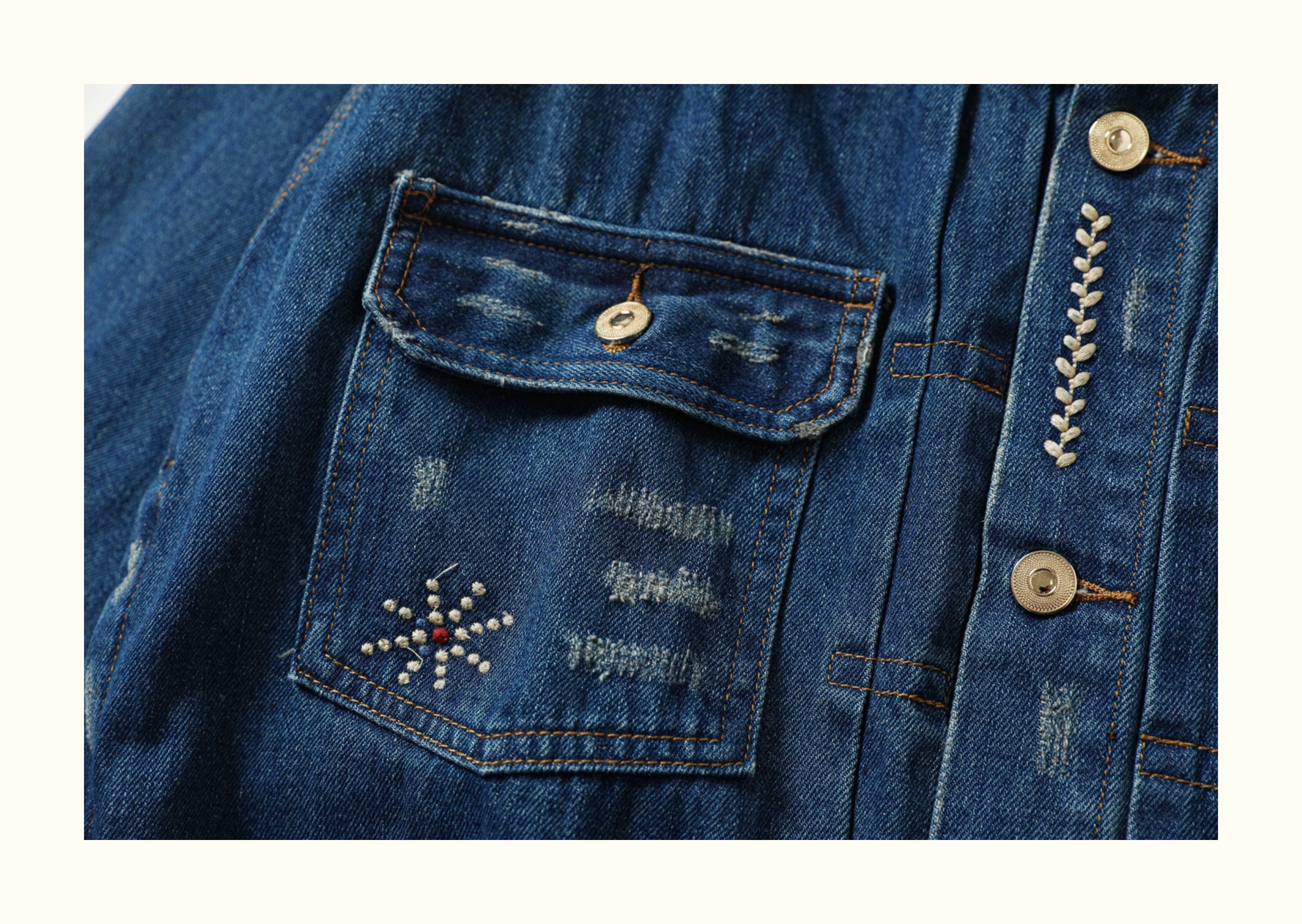 AMI Vintage Distressed Japanese-Style Denim Jacket – Heavy-Duty Embroidered Coat for Men