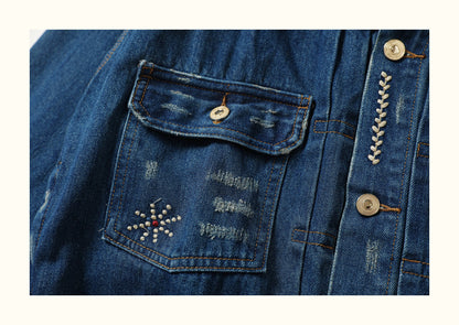 AMI Vintage Distressed Japanese-Style Denim Jacket – Heavy-Duty Embroidered Coat for Men