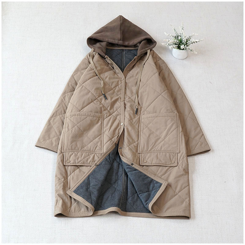 Warm Mid-Length Hooded Quilted Cotton Jacket – Loose, Retro Japanese Outerwear for Women