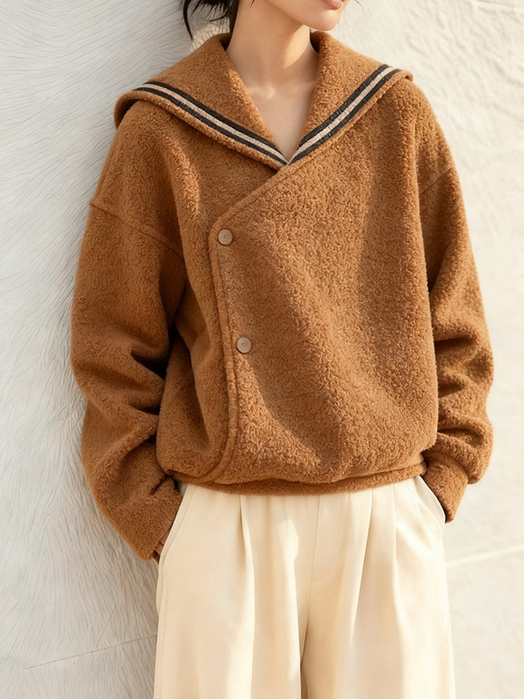 Women's 2025 Autumn Winter Old Money Style Lamb Wool Coat - Petite Brown Navy Collar Thick Warm Coat