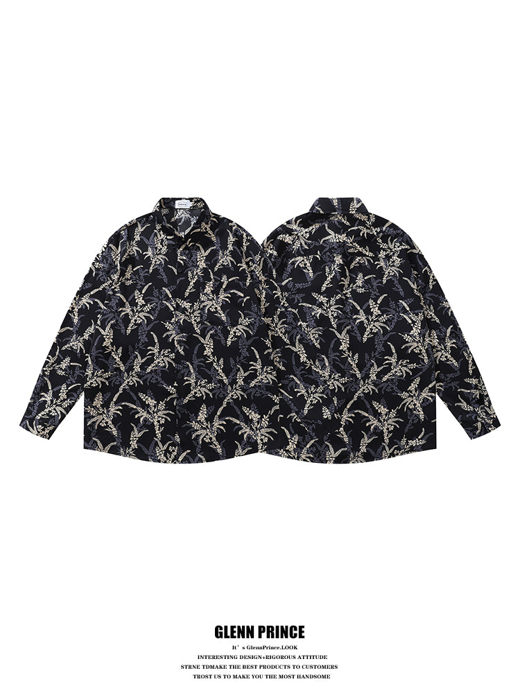 American Style Casual Floral Full Print Long Sleeve Shirt for Men, Loose Beach Shirt Jacket for Autumn