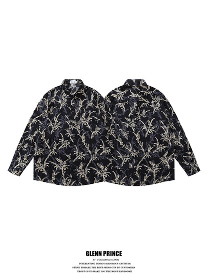 American Style Casual Floral Full Print Long Sleeve Shirt for Men, Loose Beach Shirt Jacket for Autumn