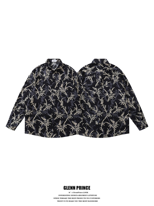 American Style Casual Floral Full Print Long Sleeve Shirt for Men, Loose Beach Shirt Jacket for Autumn