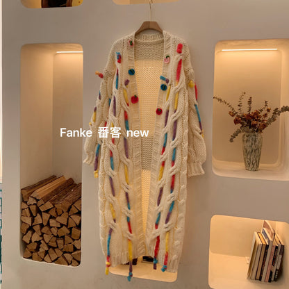 Women's 2024 Autumn Winter Lazy Style Long Cardigan - Soft Handmade Colorful Tassel Knitted Sweater