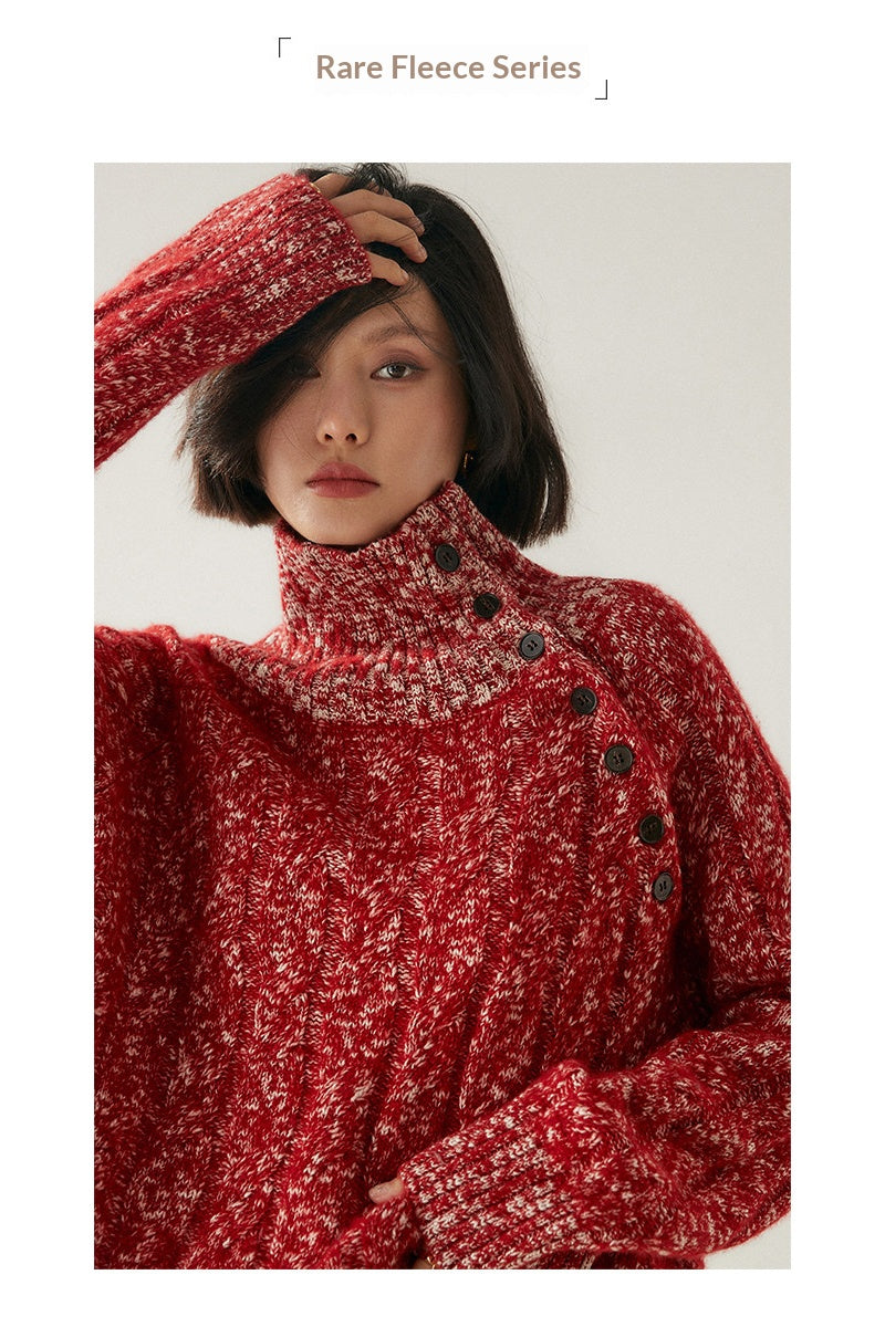 Heavy-duty lazy cashmere sweater, diagonal buttoned floral tulle, thickened twisted high-neck sweater, Korean autumn/winter new women's knitwear | Yamalinclothes