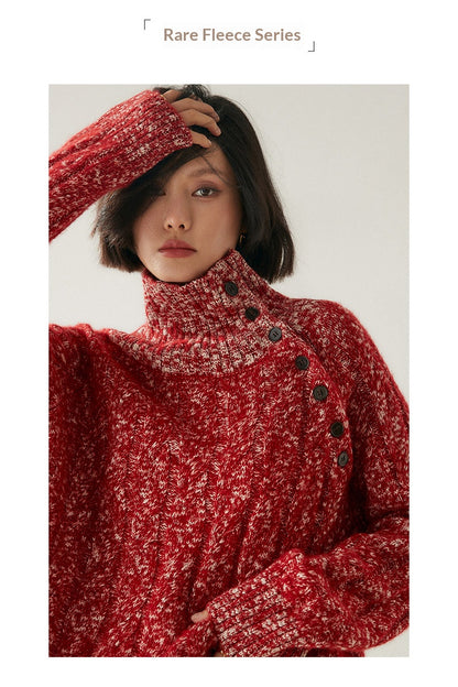 Heavy-duty lazy cashmere sweater, diagonal buttoned floral tulle, thickened twisted high-neck sweater, Korean autumn/winter new women's knitwear | Yamalinclothes
