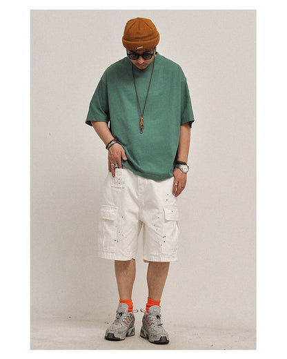 380G Heavyweight Cotton Crewneck Short Sleeve T-Shirt – Loose Solid Color Summer Tee for Men – Japanese vintage | yamalin clothes | Yamalinclothes