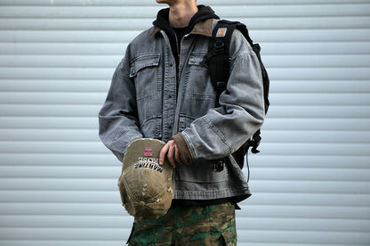 Cotton Cargo Jacket – Corduroy Collar & Four Pockets | Yamalin clothes | Vintage workwear outfit for men