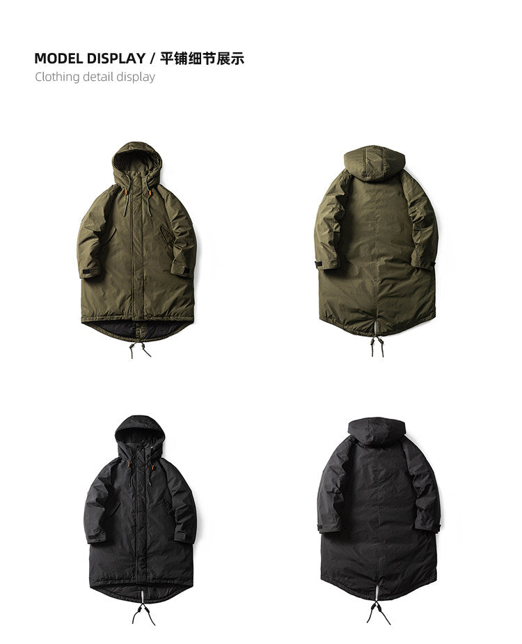 Japanese Retro Swallowtail White Duck Down Hooded Jacket – Mid-Length Unisex Winter