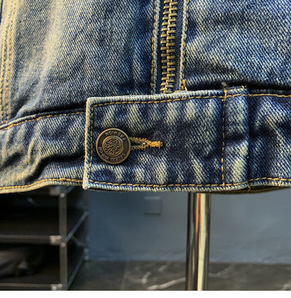 American Utility Stand-Collar Zipper Denim Jacket – Vintage Oversized Men’s Trucker Coat